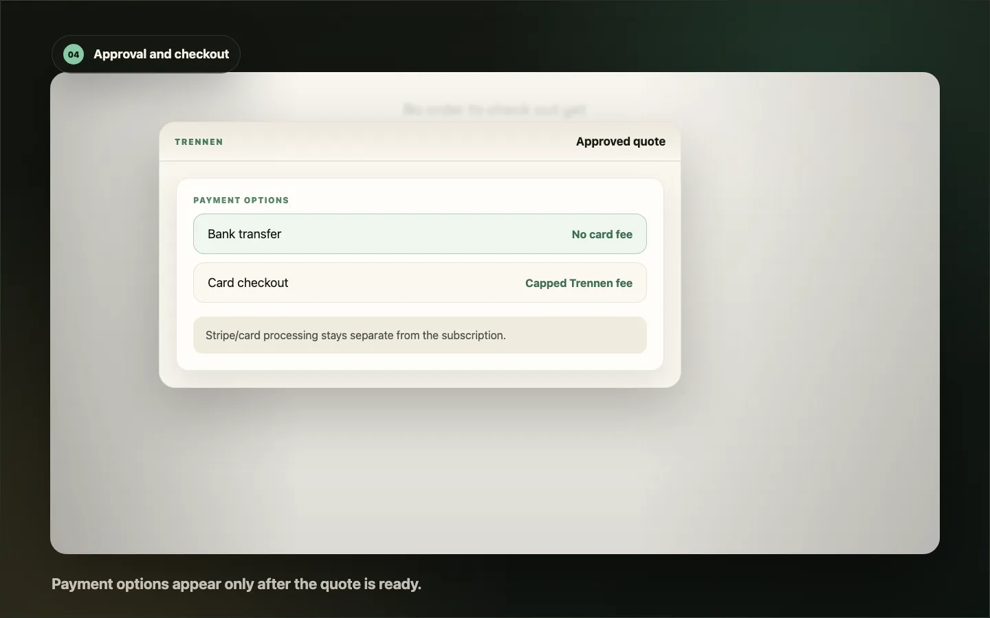 Approval and checkout options with bank transfer, card payment, and no Trennen checkout fee.